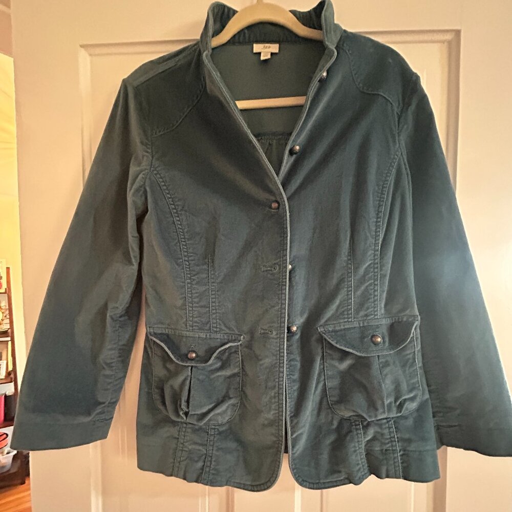 J.Jill stretch utility jacket in a soft teal/blue-green, size 10P
